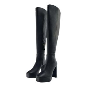 Zara Black Over The Knee Leather Platform Boots